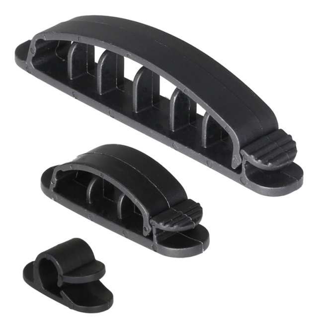 DELTACO självhäftande kabelklämmor, 1/3/6 platser, 10-pack, svart