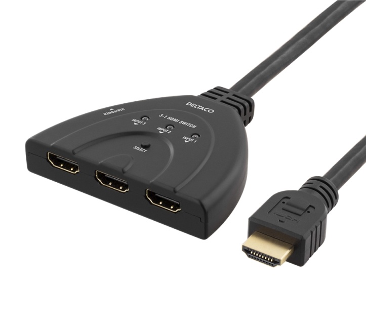 DELTACO HDMI-Switch, 3 ingångar till 1 utgång, 4K i 60Hz, 7.1, svart