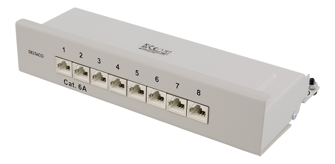 DELTACO Patchpanel, 8xRJ45, Cat6a, väggmonterbar, 10Gbps, grå