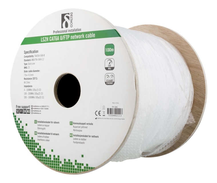 DELTACO U/FTP Cat6a installationskabel, 100m trumma, 500MHz, LSZH, vit