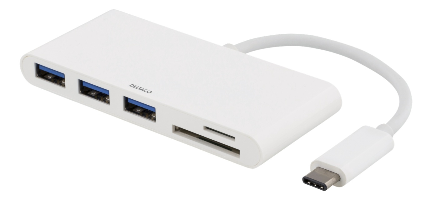 DELTACO USB 3.1 Gen 1 hubb, USB-C, 3USB A, SD/microSD-läsare, vit