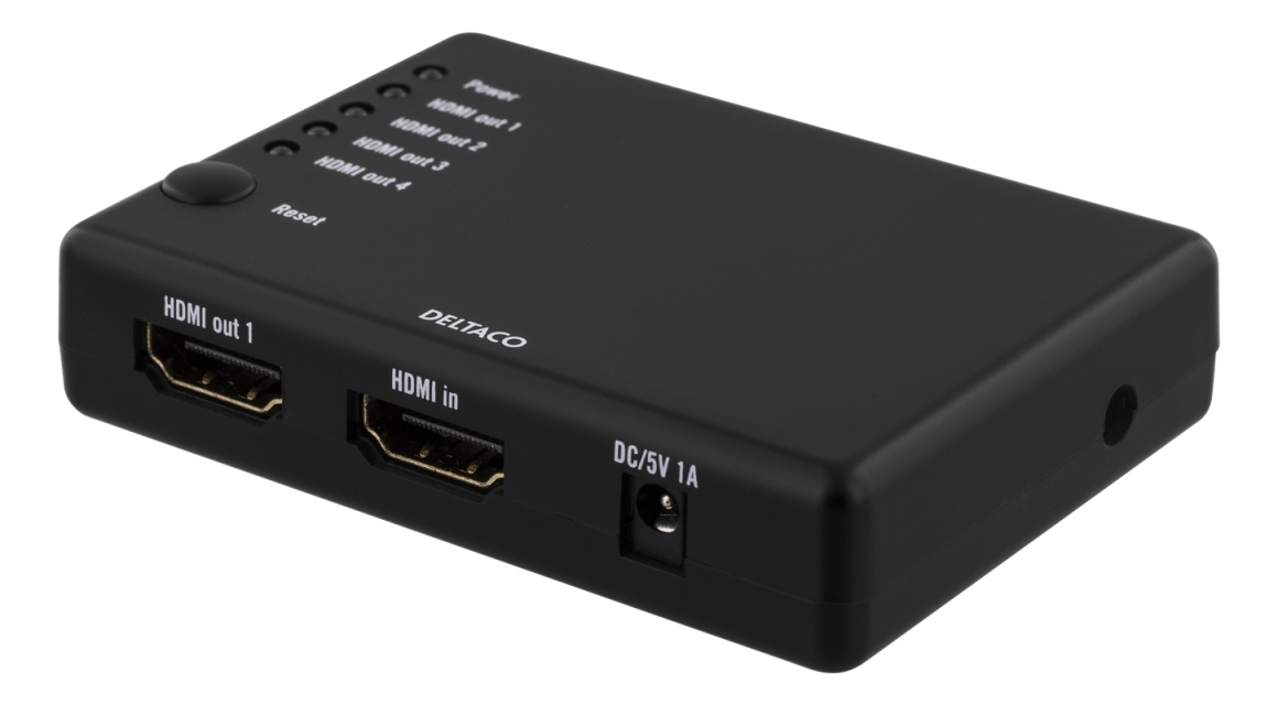 DELTACO HDMI splitter, 1x HDMI in, 4x HDMI ut, 6,75 Gbit/s, svart