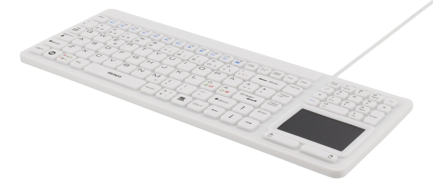 DELTACO tangentbord i silikon, touchpad, IP68, 105 + 12 media, vit