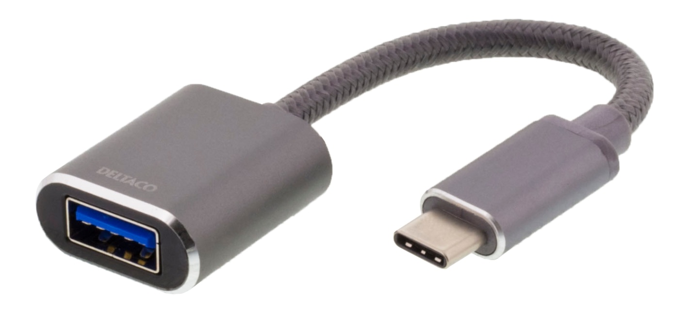 DELTACO USB-C 3.1 till USB-A OTG adapter, aluminium, vit påse, rymdgrå