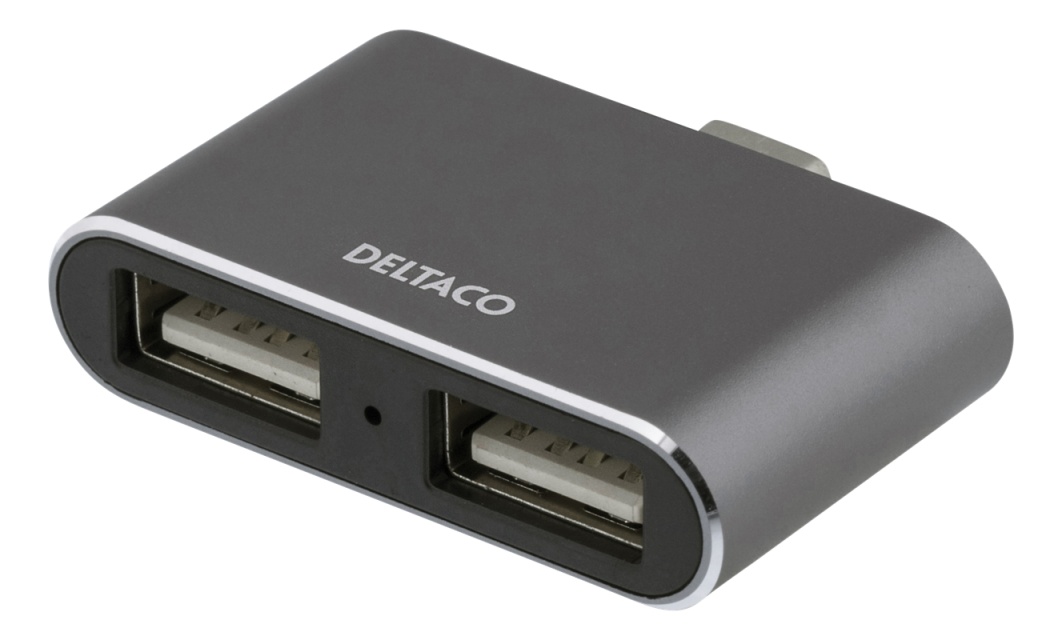 DELTACO USB-C mini hubb, 2x USB-A 2,0, 480 Mbps, 0,5A, rymdgrå