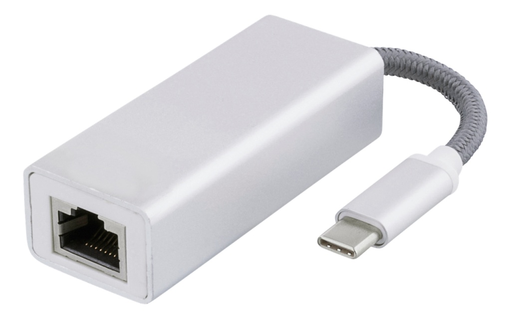 DELTACO USB-C nätverksadapter, Gigabit, RJ45, vit påse, silver