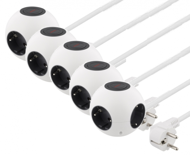 5-pack DELTACO Kulformat grenuttag med switch, 4xCEE 7/4, 1xCEE 7/7, vit