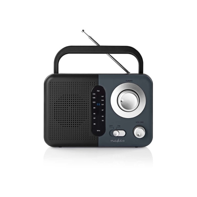Nedis FM-radio | Portabel design | FM | Batteridriven / Strömadapter | Analog | 2.4 W | Svart Vit Skärm | Hörlursuttag | IP20 | Handtag | Grå / Svart