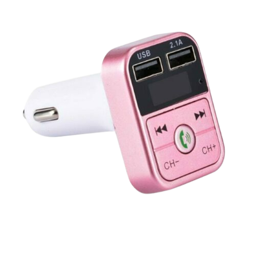 2-i-1 FM-Sändare med dubbla USB-uttag, display och knappar, Rosa