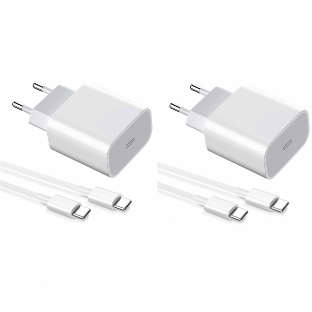 2-pack Laddare för iPhone 15 / 16/ 17 / Android 20W med USB-C till USB-C - Snabbladdare
