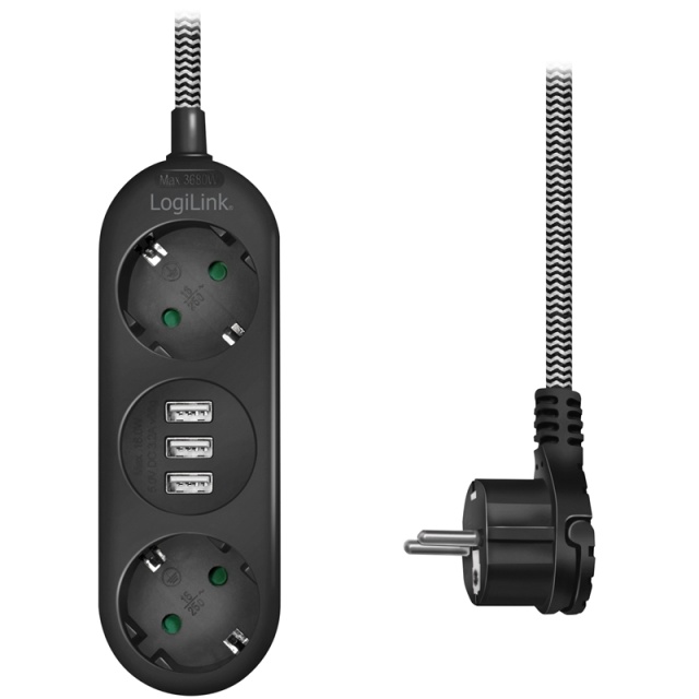 LogiLink Grenuttag Jordat 2-vägs 3xUSB Flat plugg