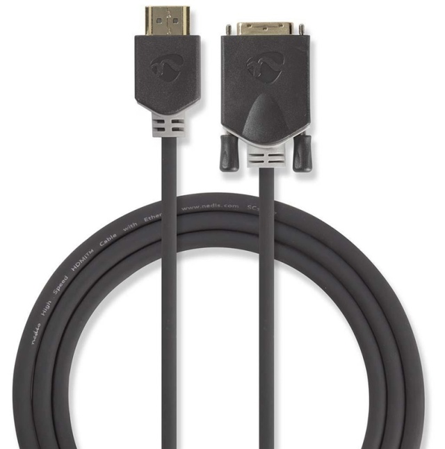 Nedis HDMI™ kabel | HDMI™ Kontakt | DVI-D 24+1-Pin Hane | 1080p | Guldplaterad | 2.00 m | Rak | PVC | Antracit | Window Box med Euro Lock