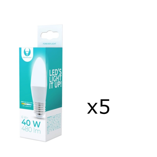 LED-Lampa E27, C37, 6W, 4500K 5-pack, Vit neutral