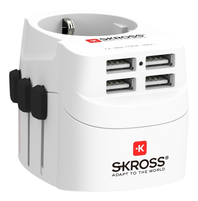 SKROSS PRO Light USB (4xA), 3-pole travel adapter with 4x USB-A ports
