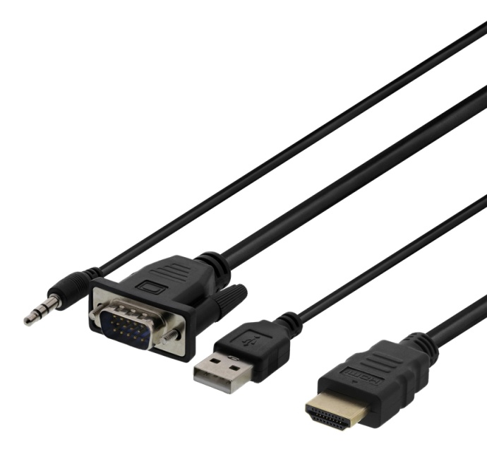 DELTACO VGA till HDMI- och ljudkabel, 1m, FHD, drivs via USB, svart