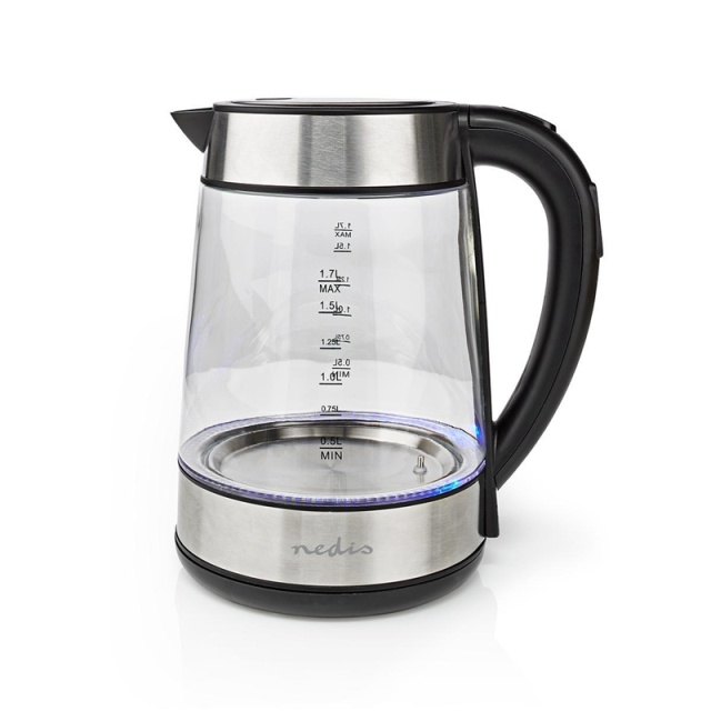 Nedis Vatten kokare | 1.7 l | Glas | Transparent | 60,70,80,90,100 °C | Temperatur indikator | Roterbar 360 grader | Dolt värmeelement | Strix® kontroll | Koka-tort funktion