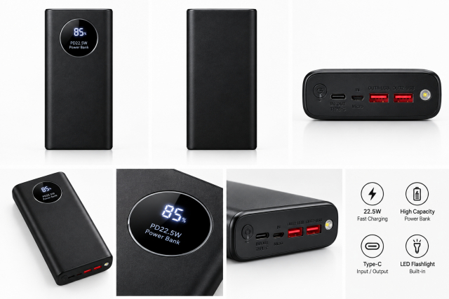 Powerbank med 20000 mAh och digital display, svart