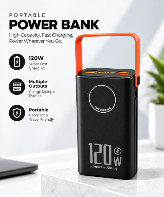 Powerbank med 80000 mAh och snabbladdning, svart