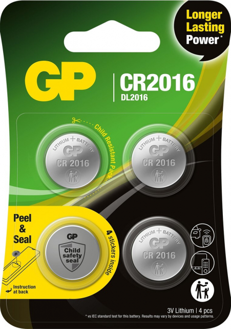 GP Knappcell Litium CR2016, 4-pack