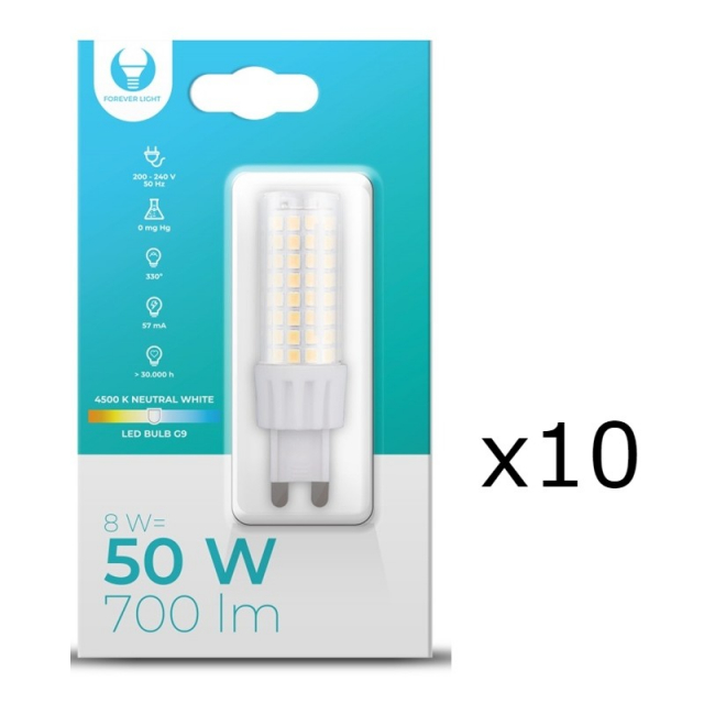 LED-lampa, G9, 8W, 230V, 4500K, 10-pack, Vit neutral