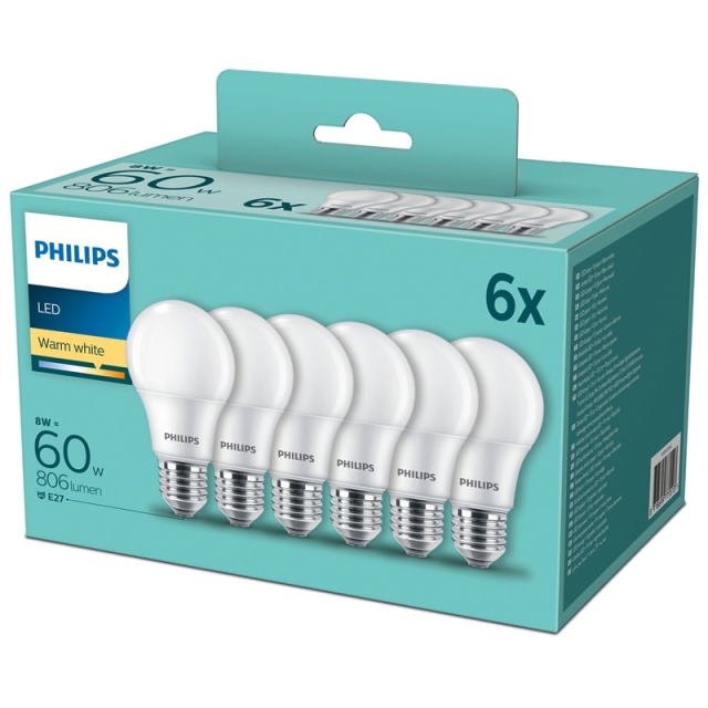 Philips 6-pack LED E27 Normal Frost 60W 806lm