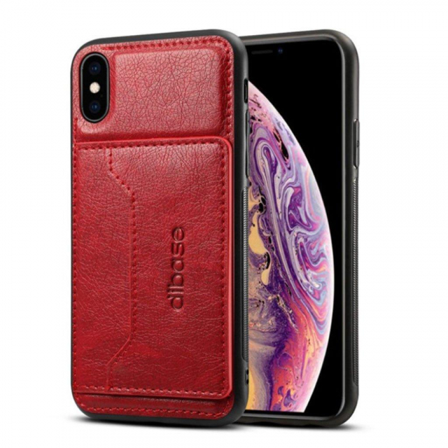 Trendigt iPhone XS/X konstläderskal med kortficka, Röd