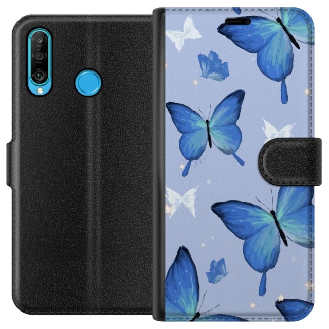 Plånboksfodral till Huawei P30 lite med Blå fjärillar motiv
