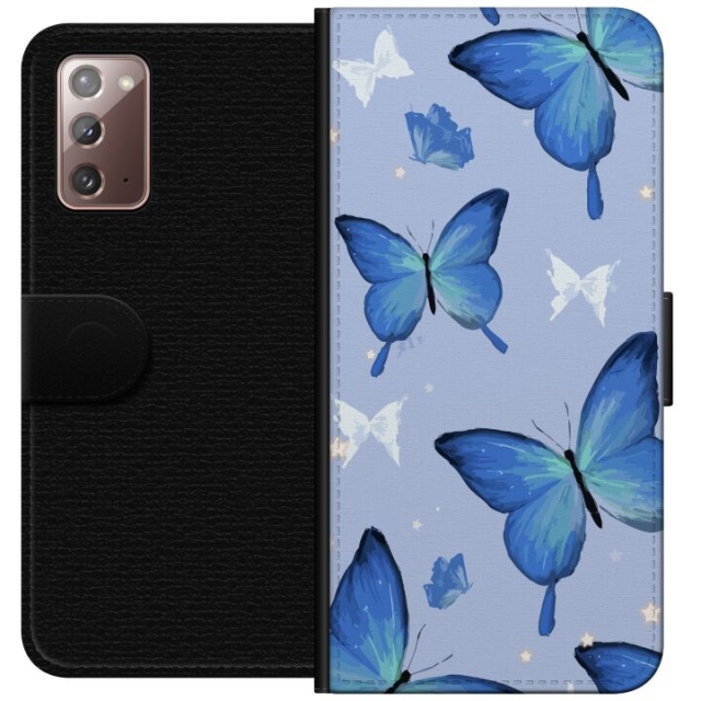 Plånboksfodral till Samsung Galaxy Note20 med Blå fjärillar motiv