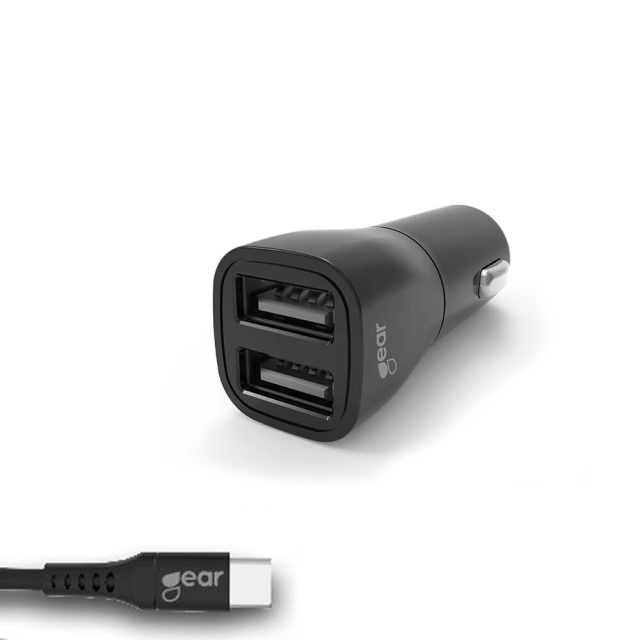Gear Laddare 12-24V 2xUSB 3.4A Svart USB-C 2.0 Kabel 1m