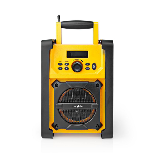Nedis FM-radio | Radio på Arbetsplatsen | FM | Batteridriven / Strömadapter | Digital | 15 W | Skärmstorlek: 2.2 " | Blå Vit Skärm | IPX5 | Bärhandtag | Gul / Svart