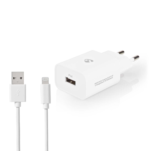 Nedis Väggladdare | 12 W | Snabbladdnings funktion | 1x 2.4 A A | Antal utgångar: 1 | USB-A | Lightning 8-Pin (Lös) Kabel | 1.00 m | Single Voltage Output | Vit