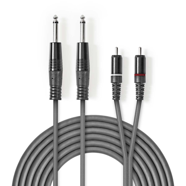 Nedis Stereoljudkabel | 2x 6.35 mm Hane | 2x RCA Hane | Nickelplaterad | 5.00 m | Rund | Mörkgrå | Kartonghylsa