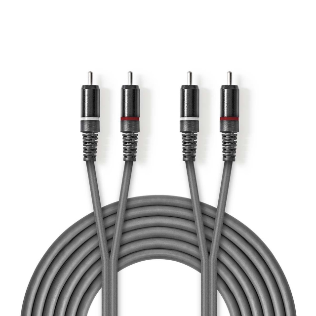 Nedis Stereoljudkabel | 2x RCA Hane | 2x RCA Hane | Nickelplaterad | 5.00 m | Rund | Mörkgrå | Kartonghylsa