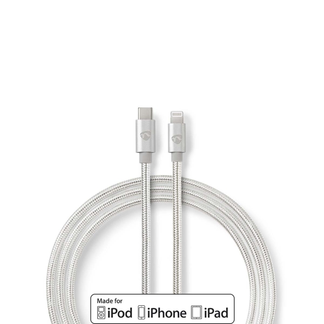 Nedis Lightning Kabel | USB 2.0 | Apple Lightning, 8-stifts | USB-C™ Hane | 480 Mbps | Guldplaterad | 1.00 m | Rund | Flätad / Nylon | Aluminium / Silver | Kartong med täckt fönster
