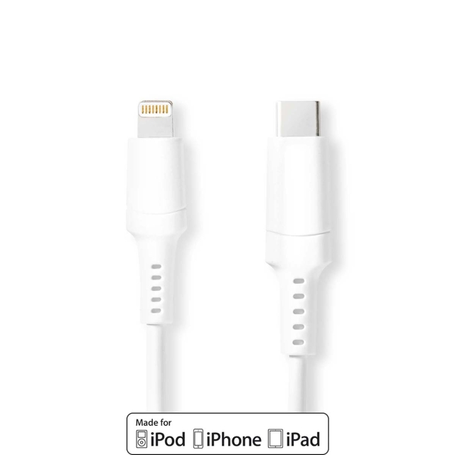 Nedis Lightning Kabel | USB 2.0 | Apple Lightning, 8-stifts | USB-C™ Hane | 480 Mbps | Nickelplaterad | 2.00 m | Rund | PVC | Vit | Låda