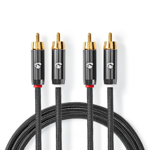 Nedis Stereoljudkabel | 2x RCA Hane | 2x RCA Hane | Guldplaterad | 2.00 m | Rund | Grå / Grått Med Metall | Kartong med täckt fönster
