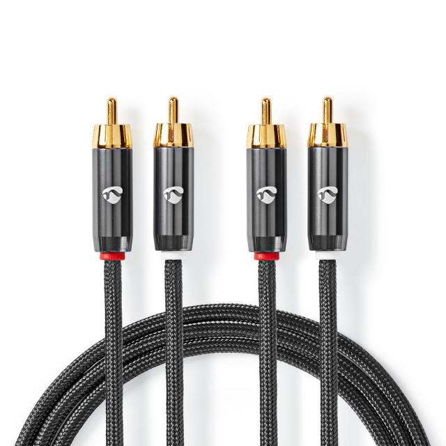 Nedis Stereoljudkabel | 2x RCA Hane | 2x RCA Hane | Guldplaterad | 5.00 m | Rund | Grå / Grått Med Metall | Kartong med täckt fönster