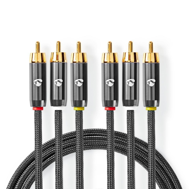 Nedis Komposit videokabel | 3x RCA Hane | 3x RCA Hane | Guldplaterad | 480p | 2.00 m | Rund | Bomull | Antracit / Grått Med Metall | Kartong med täckt fönster