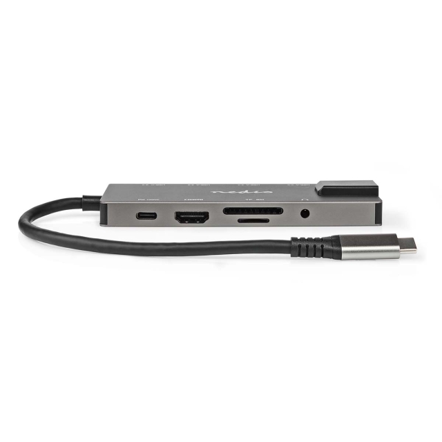 Nedis USB Multi-Port Adapter | 10-i-1 | USB 3.2 Gen 1 | USB-C™ Hane | HDMI™ Utgång / RJ45 Hona / SD / 2x USB-C™ / 3.5 mm Hona / 3x USB-A Hona | 5 Gbps | 0.20 m | Rund | Guldplaterad | PVC | Antracit | Låda