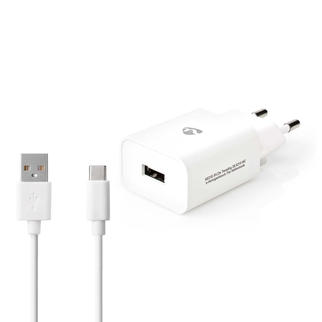 Nedis Väggladdare | 12 W | Snabbladdnings funktion | 1x 2.4 A A | Antal utgångar: 1 | USB-A | USB Type-C™ (Lös) Kabel | 1.00 m | Single Voltage Output | Vit