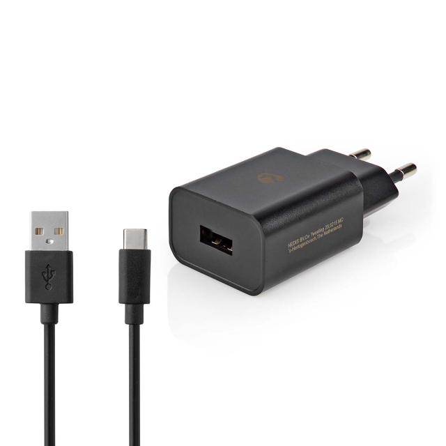 Nedis Väggladdare | 12 W | Snabbladdnings funktion | 1x 2.4 A A | Antal utgångar: 1 | USB-A | USB Type-C™ (Lös) Kabel | 1.00 m | Single Voltage Output | Svart