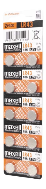 Maxell LR43 1.5V alkaline battery, 10-pack