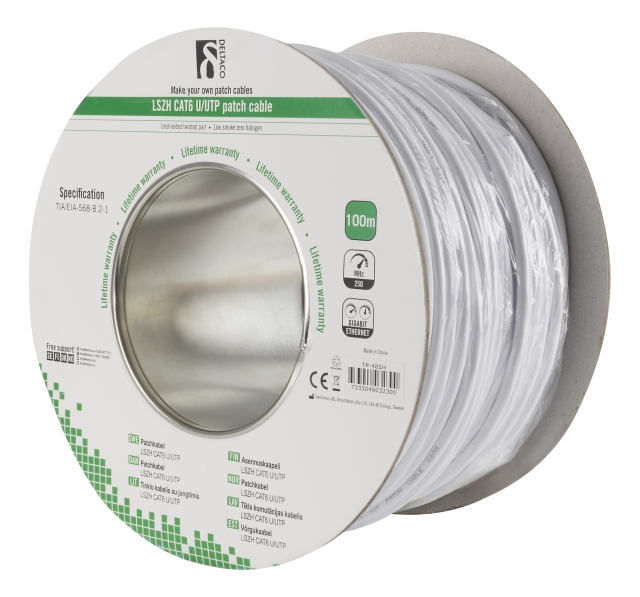 Deltaco U/UTP Cat6 patch cable, LSZH, 100m spool, 250MHz, white