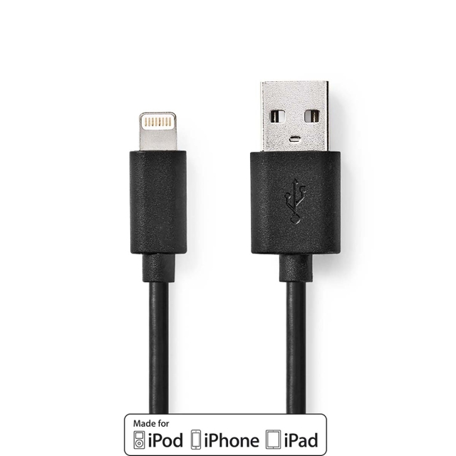 Nedis Lightning Kabel | USB 2.0 | Apple Lightning, 8-stifts | USB-A Hane | 480 Mbps | Nickelplaterad | 1.00 m | Rund | PVC | Svart | Låda