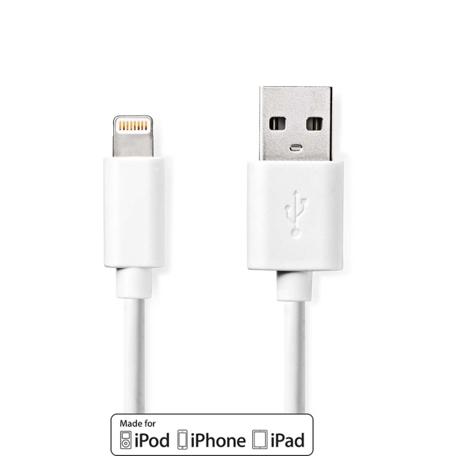 Nedis Lightning Kabel | USB 2.0 | Apple Lightning, 8-stifts | USB-A Hane | 480 Mbps | Nickelplaterad | 1.00 m | Rund | PVC | Vit | Låda