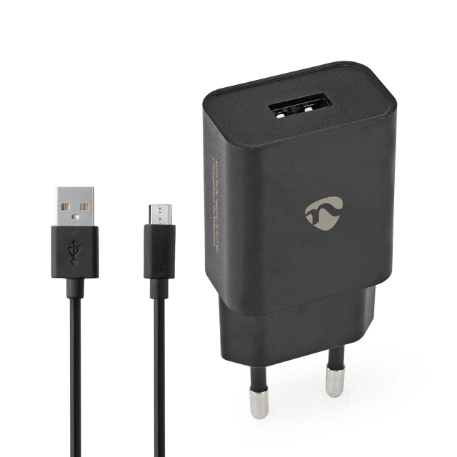 Nedis Väggladdare | 12 W | Snabbladdnings funktion | 1x 2.1 A A | Antal utgångar: 1 | USB-A | Micro USB (Lös) Kabel | 1.00 m | Single Voltage Output | Svart