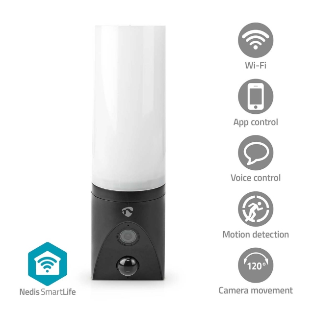 Nedis SmartLife Utomhus Kamera | Omgivande ljus | Full HD 1080p | Panorera lutning | IP65 | microSD (ingår inte) / Molnlagring (tillval) / Onvif | 100 - 240 V AC | Med rörelsesensor | Nattsikt | Svart