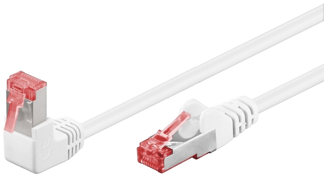 Goobay Patchkabel CAT 6, 1x 90° vinklad, S/FTP (PiMF), vit, 3 m kopparledare (CU), halogenfri kabelhölje (LSZH), snäpplås på toppen