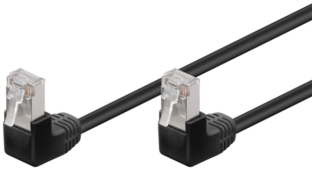 Goobay Patchkabel CAT 5e, 2x 90° vinklad, F/UTP, svart, 3 m kopparklädd aluminiumtråd (CCA), 2x RJ45-plugg 90 ° (8P8C)