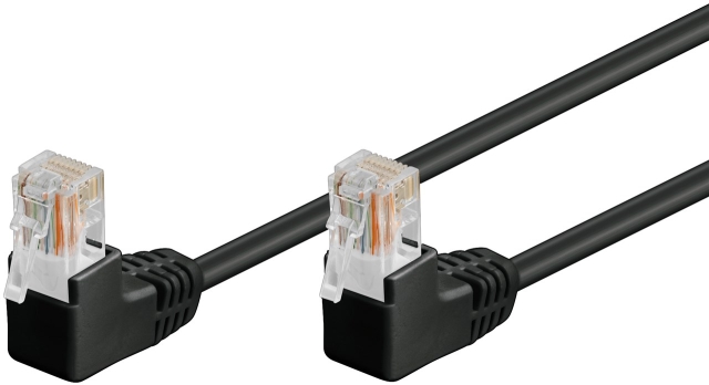 Goobay Patchkabel CAT 5e, 2x 90° vinklad, U/UTP, svart, 1 m kopparklädd aluminiumtråd (CCA), 2x RJ45-plugg 90 ° (8P8C)